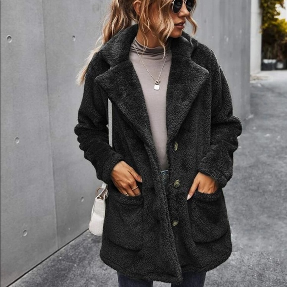 Jackets & Blazers - Black teddy peacoat jacket button up pockets